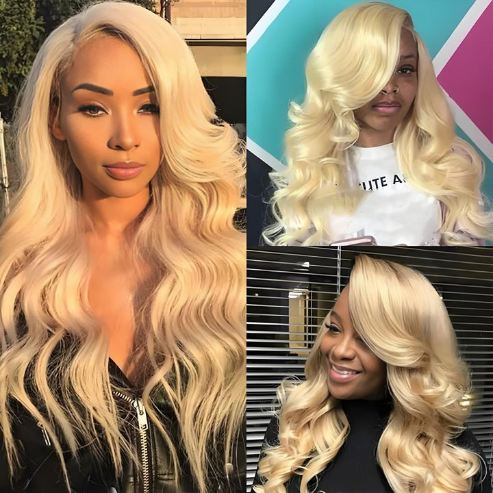 Three customer images showcasing EuxmeHair 613 blonde body wave extensions with soft, layered curls and side parting.