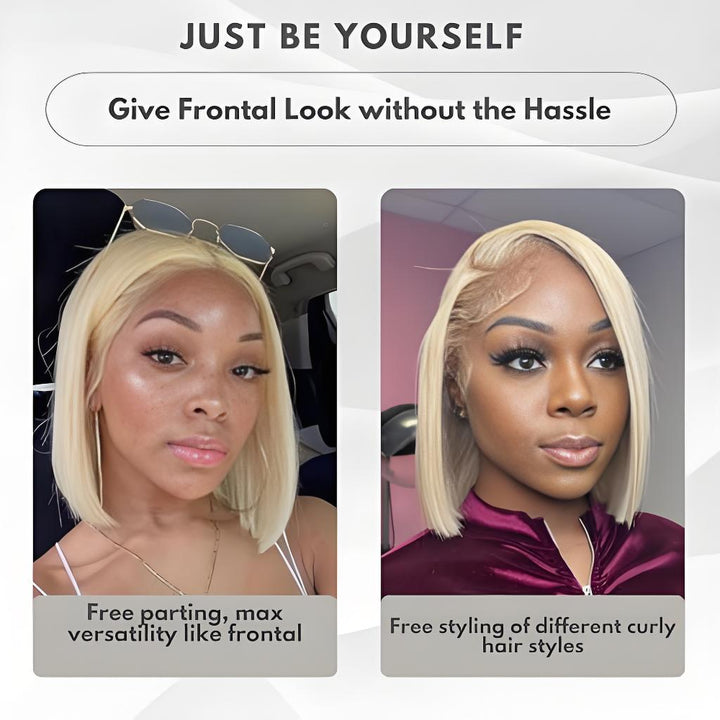 Lifestyle showcase of customers wearing EuxmeHair 613 Blonde Bob Wig, illustrating versatility and natural hairline effects in everyday settings.