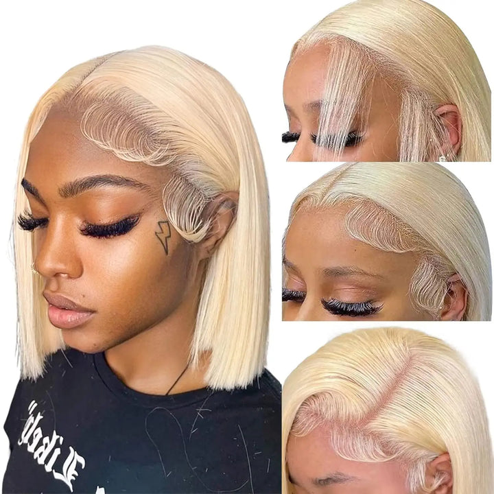 Close-up styling examples of 613 blonde straight bob wig showing baby hair and laid edges with clear HD lace blending on different sides.
