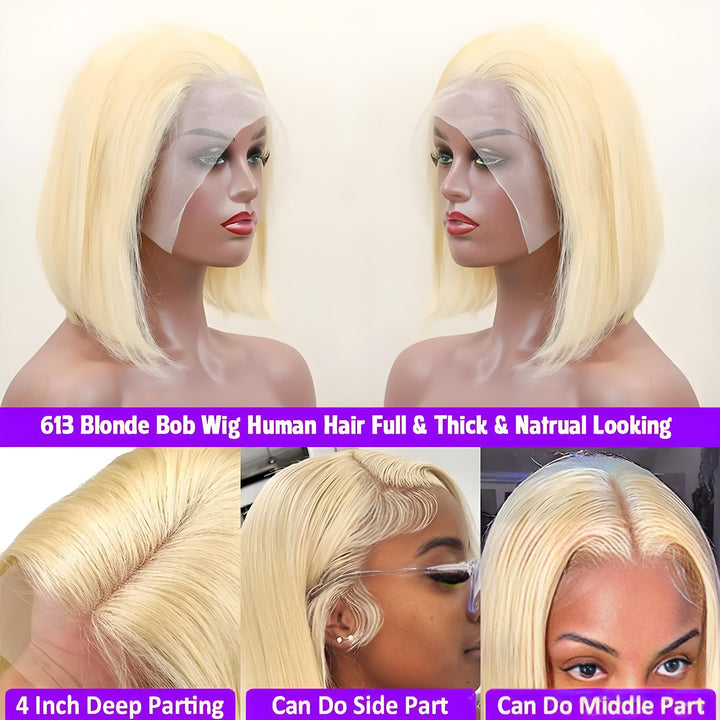 13x4 transparent lace bob wig shown from multiple angles on mannequin with highlights on deep parting, side/middle parting capability, and full thick human hair.