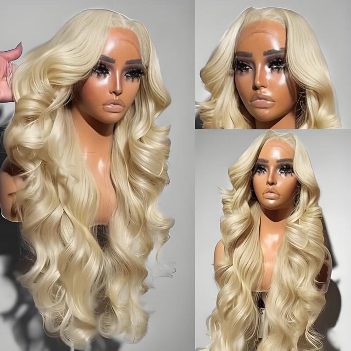 Close-up views of 613 blonde deep wave lace wig with defined curls and natural frontal hairline from the side and front.