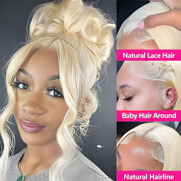 Close-up of 613 blonde lace wig showing natural hairline, baby hairs, and HD lace for a seamless blend.
