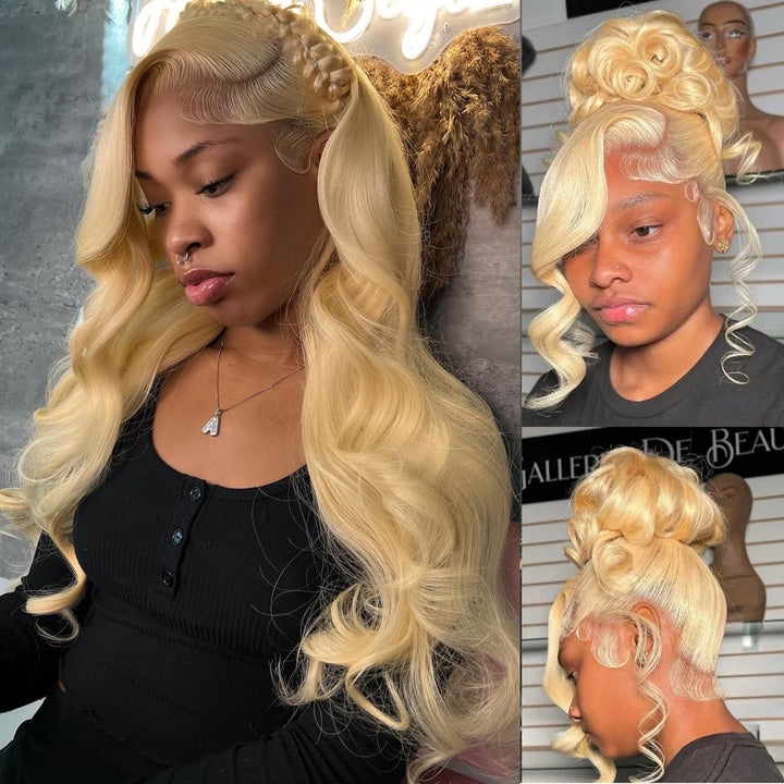 613 blonde lace wig styled in flowing curls and top buns, showcasing fullness and natural edges.