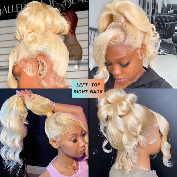613 blonde lace front wig displayed from multiple angles including left, top, right, and back, styled in ponytail and bun.