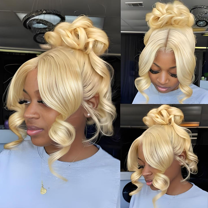 Long 613 blonde curly lace front wig displayed on mannequin head from multiple angles, highlighting volume and shine.