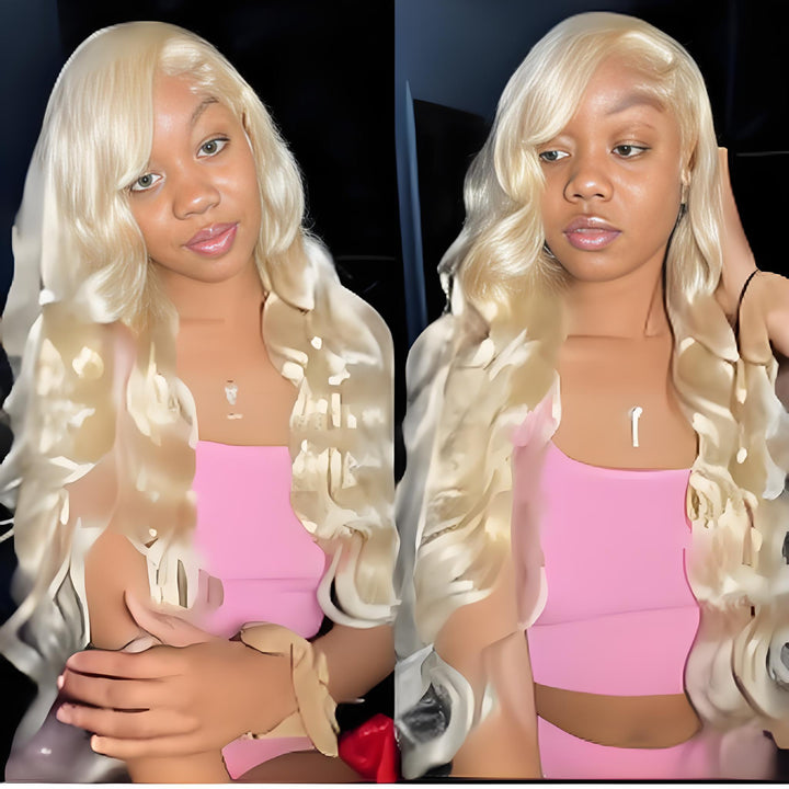 Model wearing long, loose wave 613 blonde wig in soft, layered style with natural side part and baby hairs.