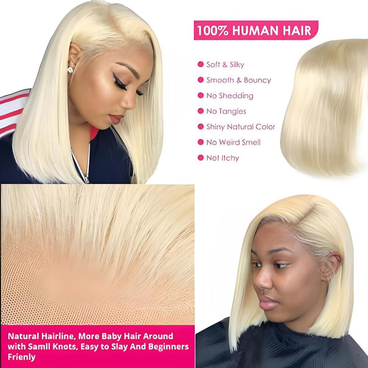 Feature graphic of EuxmeHair 613 Blonde Wig highlighting silky texture, no shedding, natural color, and close-up of realistic lace scalp detail.
