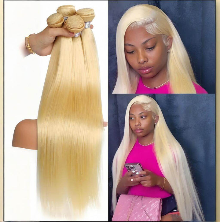 Model wearing long 613 blonde straight hair bundles, silky smooth texture with natural shine, hand holding multiple bundles.