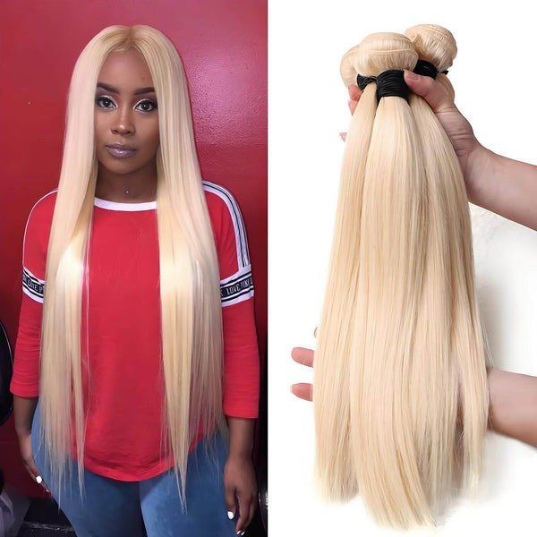 Model wearing 613 blonde straight bundles with sleek long hair, paired with red top, side-by-side bundle display.