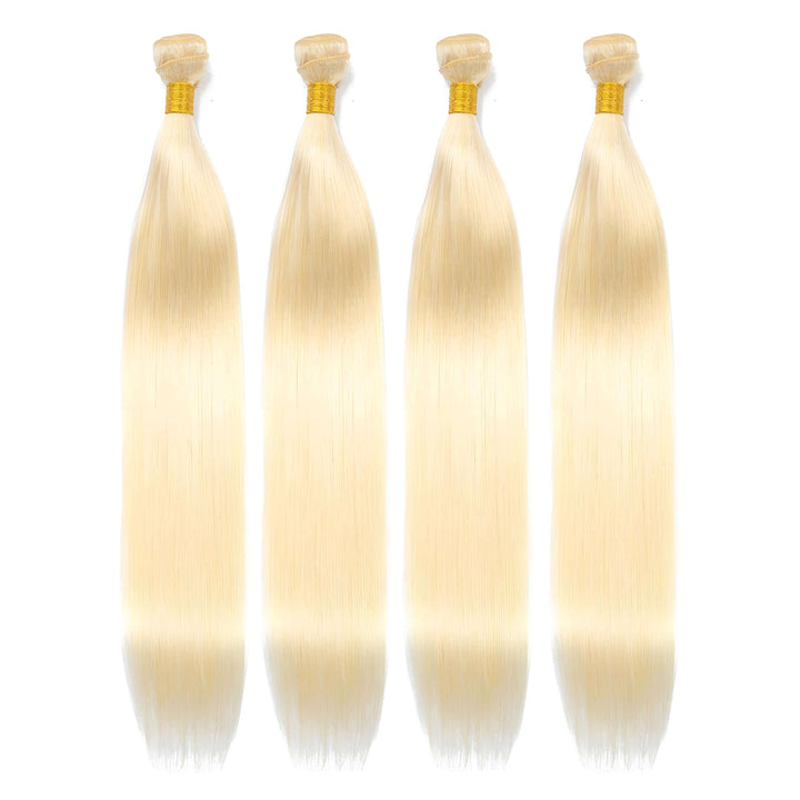 Four bundles of 613 blonde straight human hair extensions, neatly tied with golden bands, full and thick from root to tip.