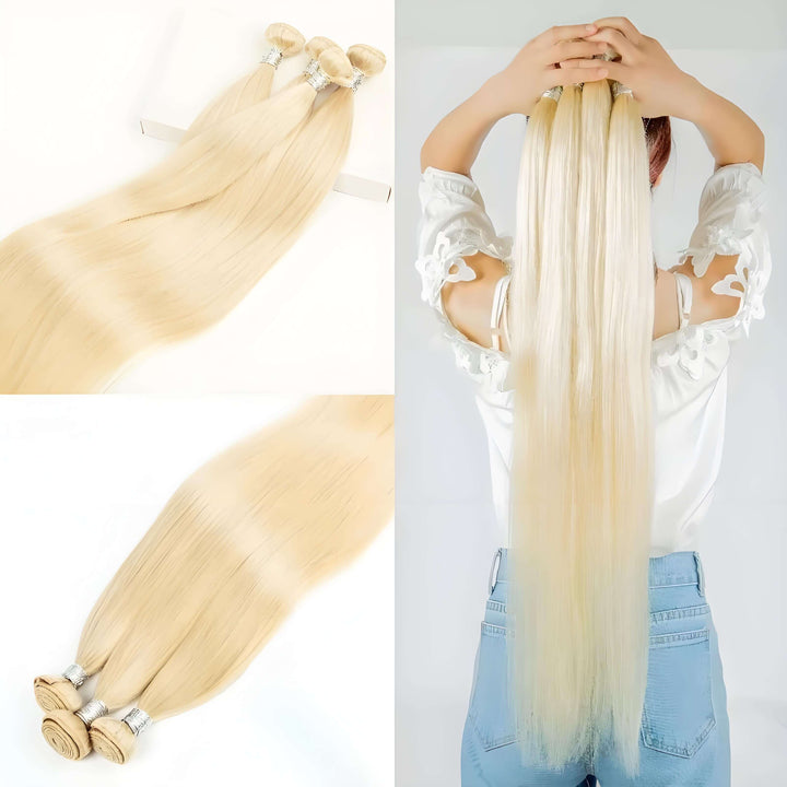 Model installing 613 blonde straight bundles, back view showing long silky strands with healthy ends.