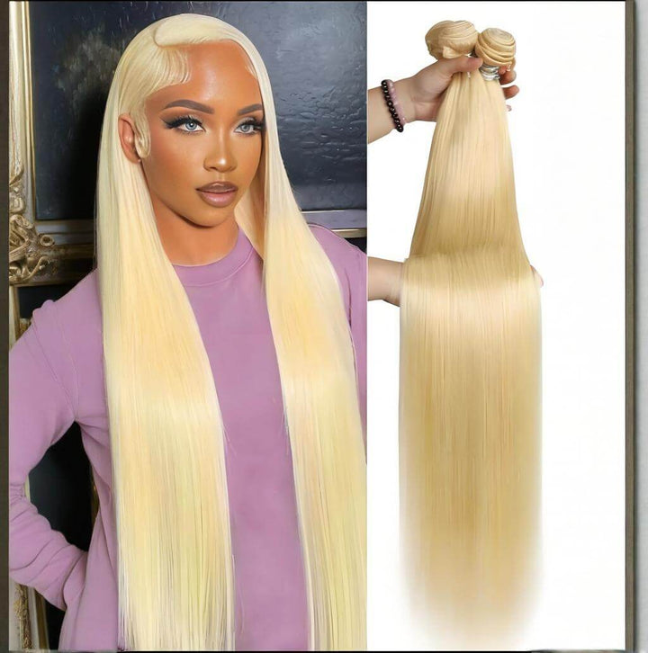 Model in purple top showcasing 613 blonde straight bundles, sleek and shiny texture, with hand-held bundle display.
