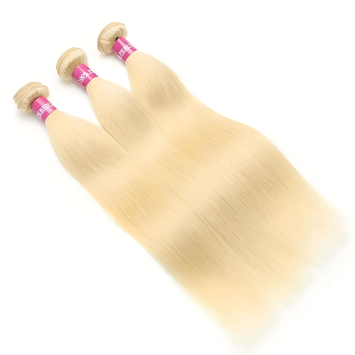 Three bundles of 613 blonde straight hair extensions with pink bands, silky smooth texture and natural shine.