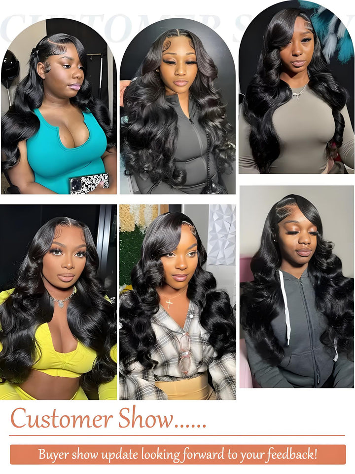 Real customer showcase wearing EuxmeHair 6x6 body wave lace wigs with soft baby hair and middle part.
