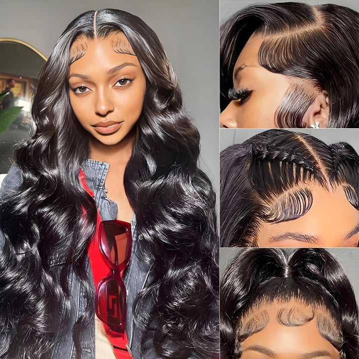 Various baby hair styles with body wave texture and clean 6x6 parting on HD lace for natural hairline look.