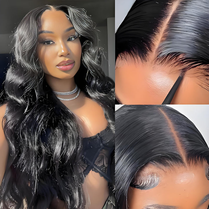 Detailed view of pre-plucked hairline and HD lace on body wave 6x6 wig, showing soft baby hairs and clean part.