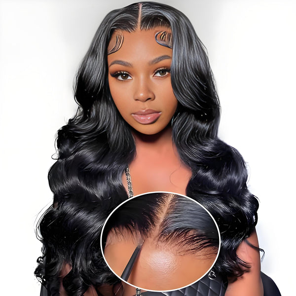 Close-up of 6x6 HD lace with natural parting, skin melt finish, and realistic tiny knots on body wave wig.