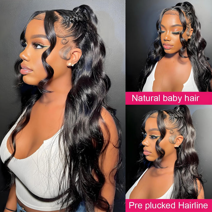 Side profile of 6x6 body wave lace wig styled in half-up ponytail, featuring natural baby hair and pre-plucked edges.