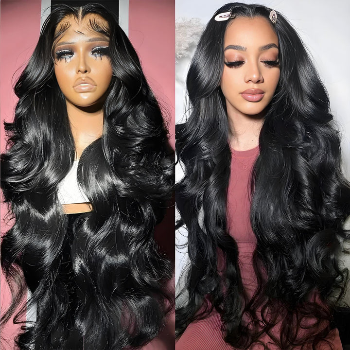Body wave 6x6 lace wig comparison between mannequin and live model showcasing volume, length, and shine.