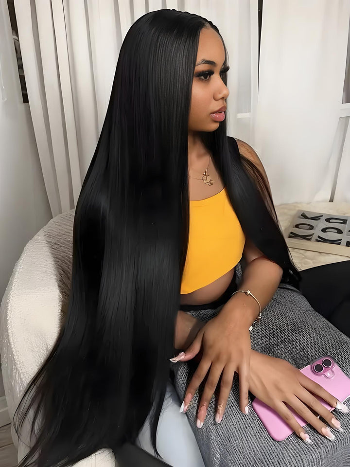 Side view of model wearing EuxmeHair 6x6 HD lace wig in ultra-long bone straight style with a natural look.