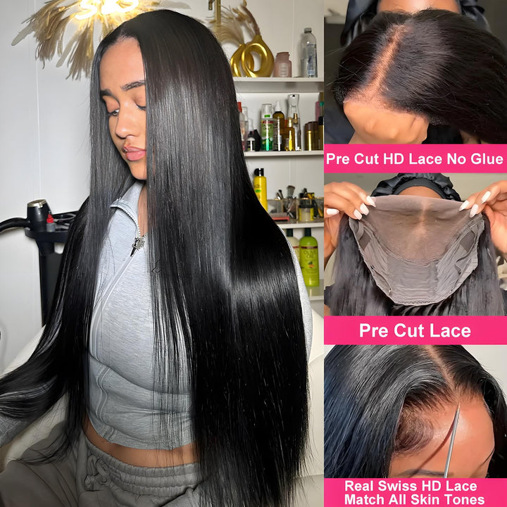 Model showcasing EuxmeHair 6x6 glueless wig with pre-cut HD lace, no glue needed, featuring a sleek middle part and natural hairline.