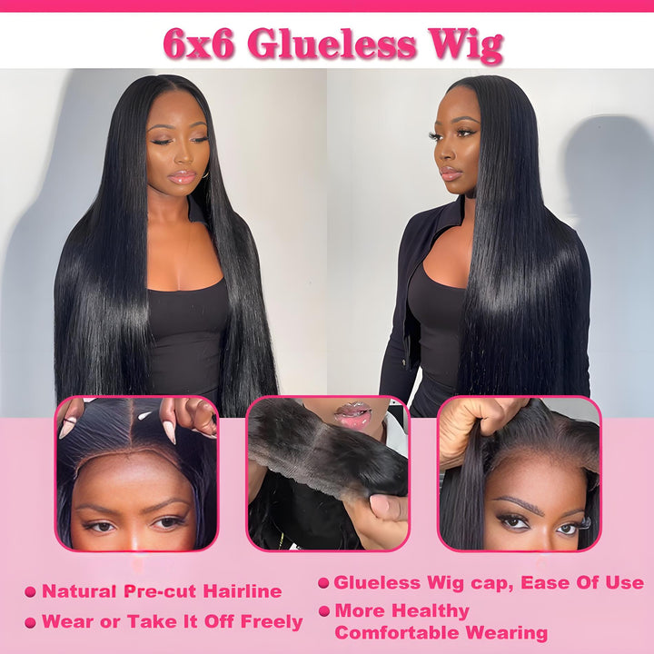 Overview of EuxmeHair 6x6 glueless wig with focus on natural pre-cut hairline, breathable wig cap, and ease of use.