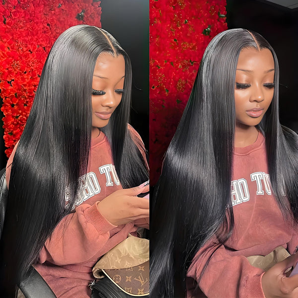 Front and angled view of EuxmeHair 6x6 straight wig on model with sleek middle part and glowing finish.