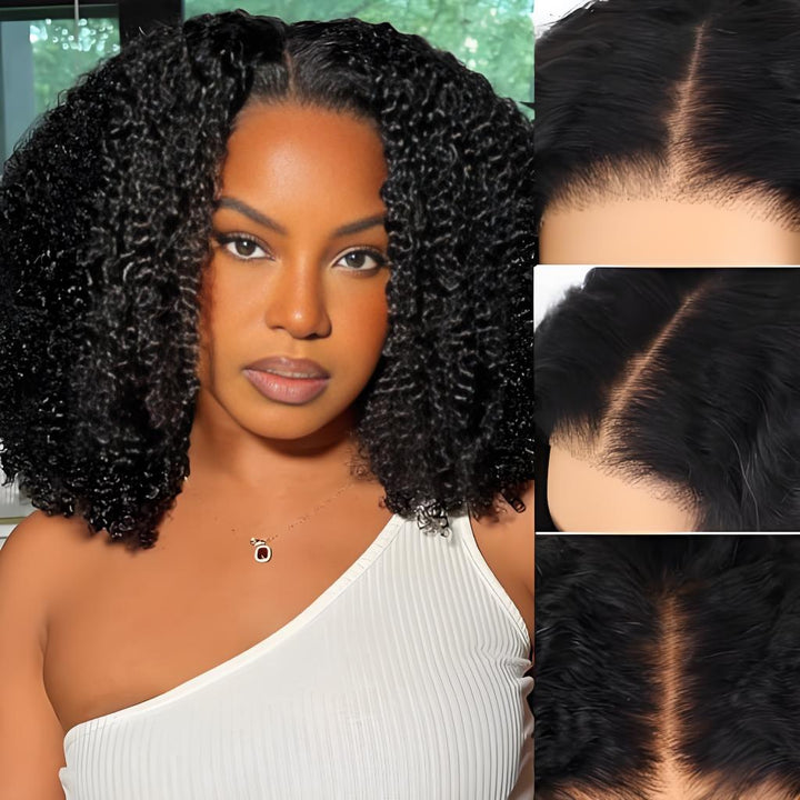 Close-up of 6x6 HD lace bob wig in Jerry Curl showing natural hairline and parting space.