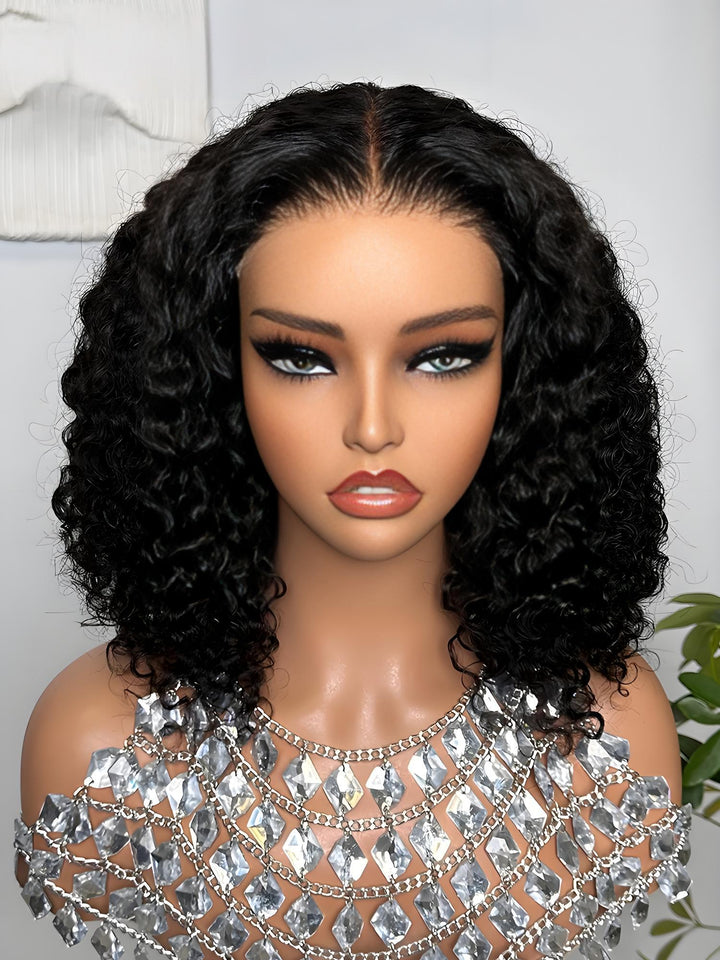 Front view of EuxmeHair 6x6 HD lace Jerry Curl bob wig on mannequin in studio setup.