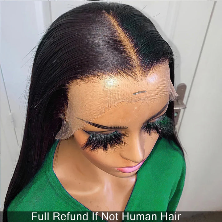 Mannequin close-up showing EuxmeHair 6x6 wig with middle part and HD lace blending seamlessly at the hairline.