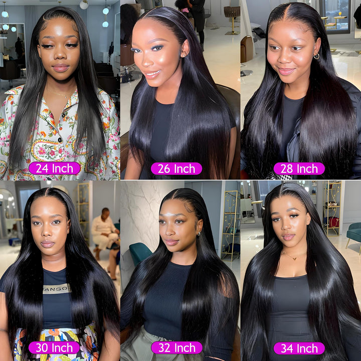 Length comparison guide for EuxmeHair 6x6 wigs, showing 24 to 34 inch options worn by different women.