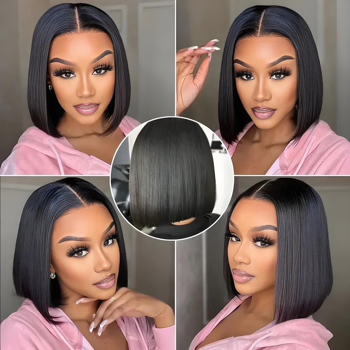 Collage showcasing EuxmeHair 6x6 straight bob wig from front, side, and back angles with sleek natural color on model.