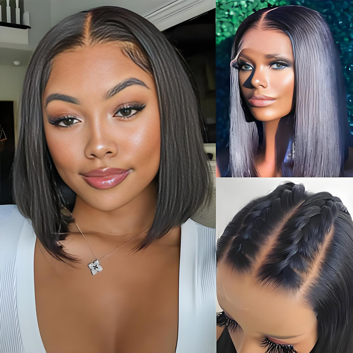 Model wearing straight bob wig with braids, HD lace close-up, and natural hairline parting on crown.