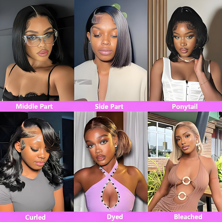 Straight bob wig displayed in various styles including middle part, side part, ponytail, curled, dyed, and bleached looks.