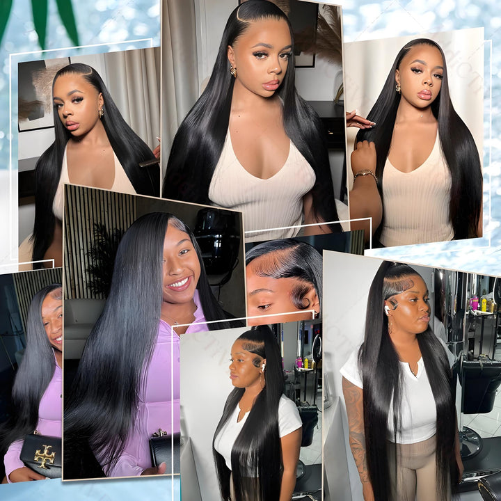 Photo collage of real customers styling the EuxmeHair 6x6 straight wig in ponytails, sleek styles, and deep side parts.