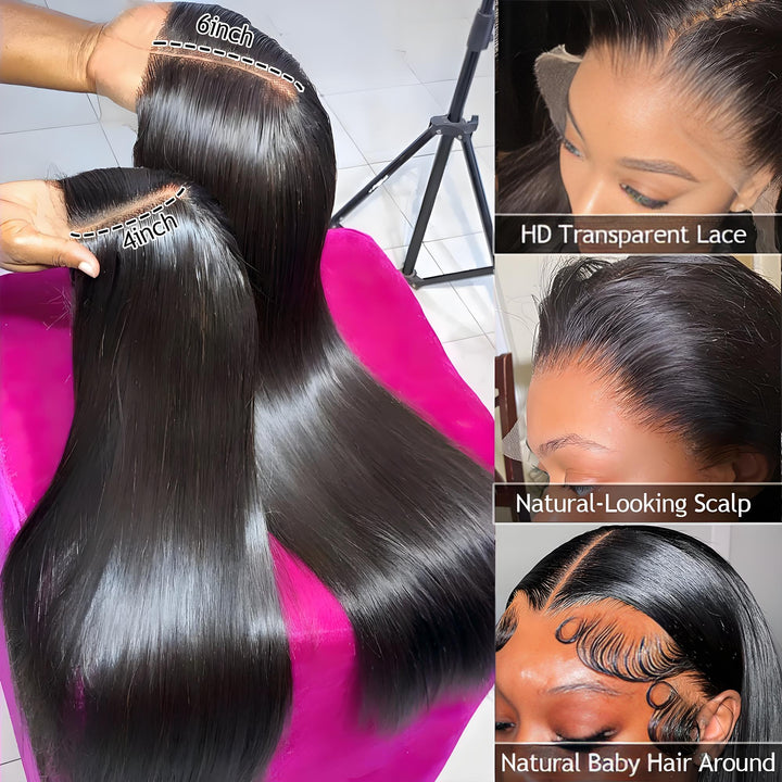 Comparison of 6x6 and 4x4 lace closures on bone straight wigs showing realistic scalp and baby hair detailing.