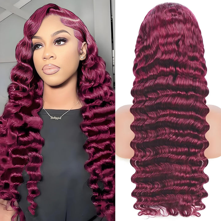 Model and back view of EuxmeHair 99J Burgundy body wave lace wig, showing thick bounce curls and neat lace hairline.