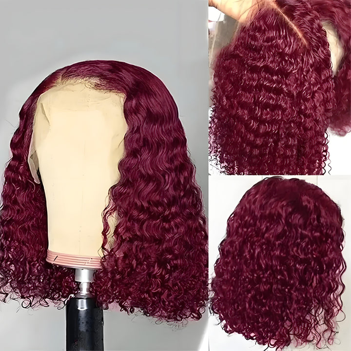 Multi-angle views of EuxmeHair 99J Burgundy Bob Wig on wig stand, showing frontal lace quality, wave pattern, and back view.