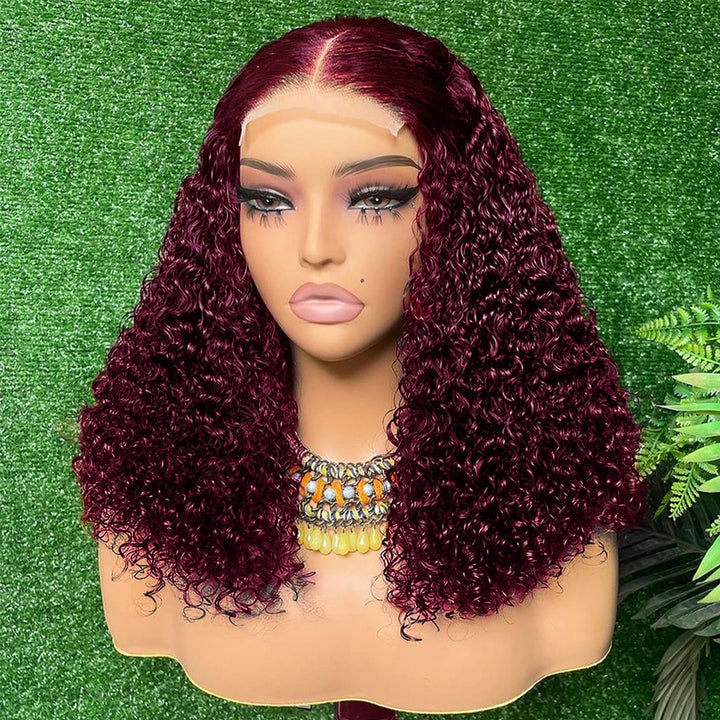 EuxmeHair 99J Burgundy Water Wave Lace Front Wig on mannequin, showcasing rich color, defined curls, and clean middle part.
