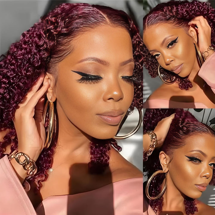 Customer showcase collage of EuxmeHair Burgundy Water Wave Wig glowing under natural sunlight, highlighting lace blend and curl definition.
