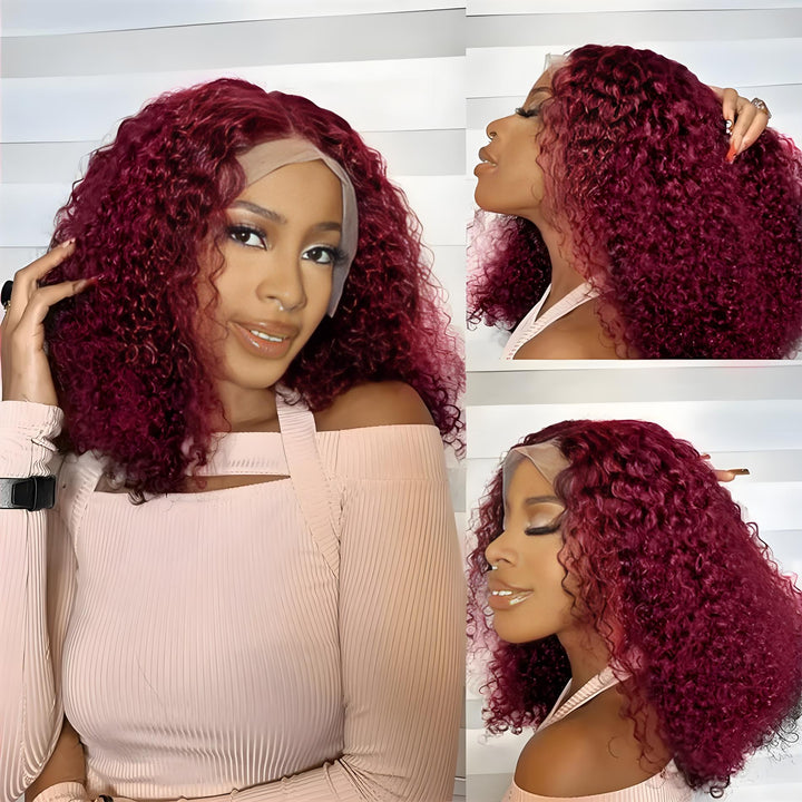 Model wearing 99J Burgundy Water Wave Wig from EuxmeHair, shown from multiple angles to highlight bounce, luster, and glueless lace front.