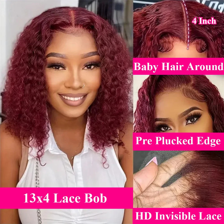 Close-up collage of 13x4 lace bob wig showing 4-inch parting, baby hair around the edge, pre-plucked hairline, and invisible HD lace.