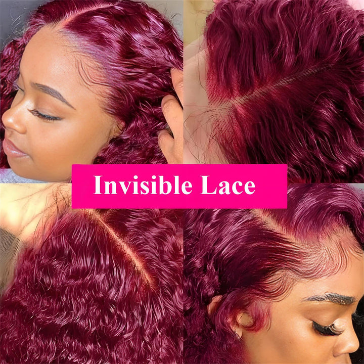 Detailed close-ups of invisible HD lace on 99J Burgundy Wig by EuxmeHair, featuring natural parting space and laid baby hairs.