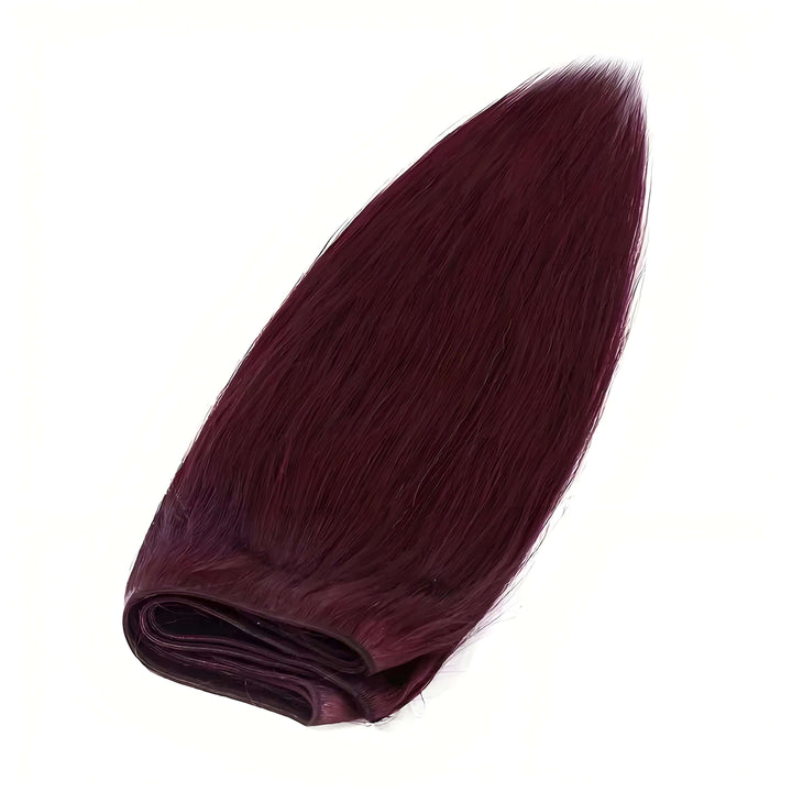 Single bundle of 99J burgundy wine red straight human hair extensions, silky smooth strands with vibrant shine.