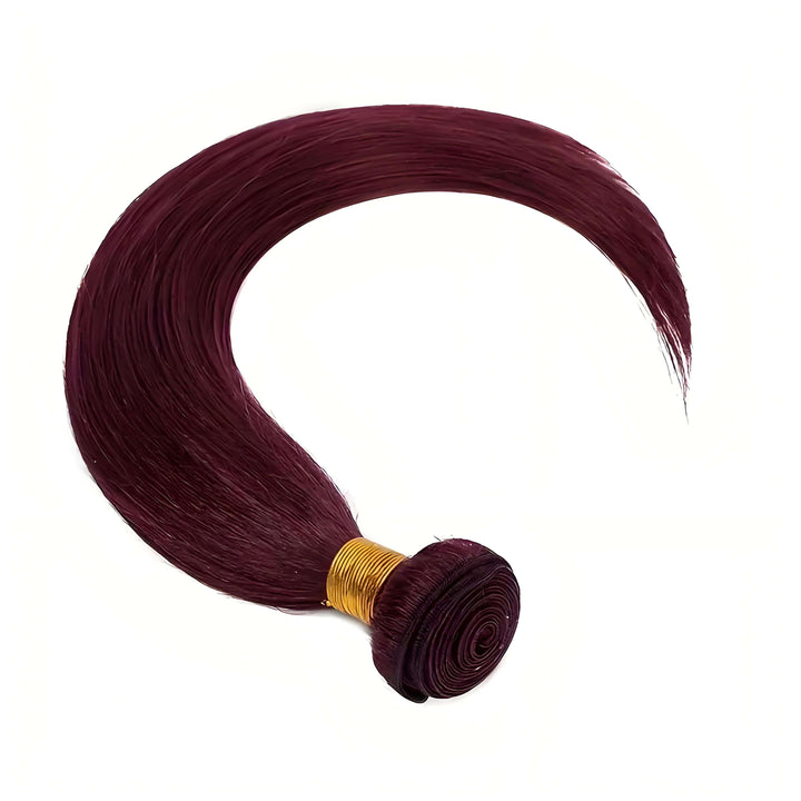 Close-up of 99J burgundy straight hair bundle with tight golden weft, silky smooth strands and neat finish.