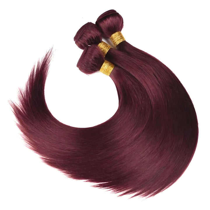 99J burgundy straight hair bundles arranged in curved display, silky smooth wine red strands with vibrant finish.