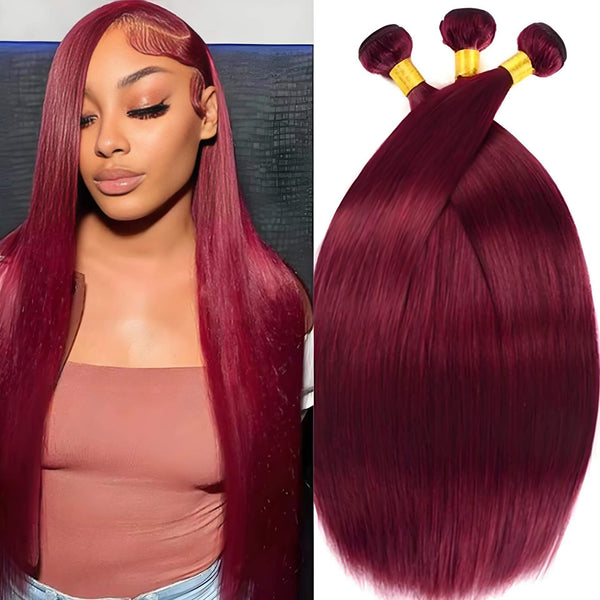Model wearing 99J burgundy wine red straight bundles alongside three bundle pack, sleek and shiny extensions.