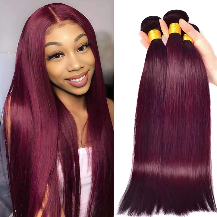 Model wearing 99J burgundy straight hair bundles, sleek and vibrant wine red extensions with natural shine.