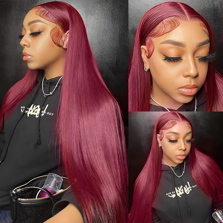 99J burgundy wine red straight hair bundles shown in side and front view, highlighting silky smooth strands.