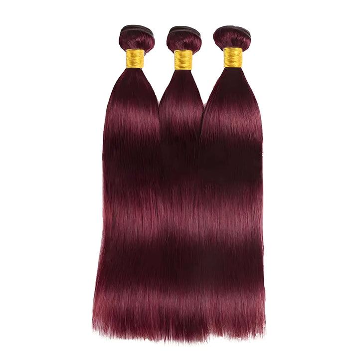 Three bundles of 99J burgundy straight human hair extensions, rich wine red color with smooth texture.